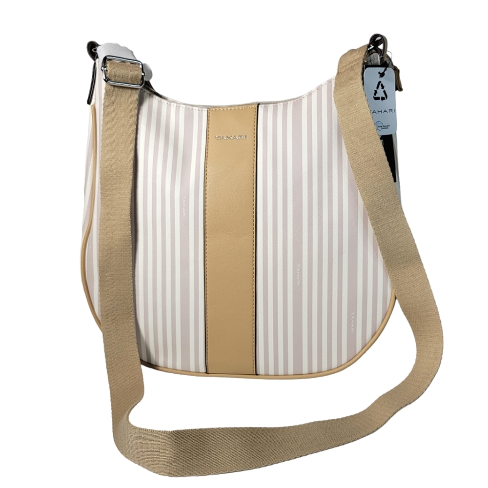 Tahari Logo Hobo bag in sand stripe NWT